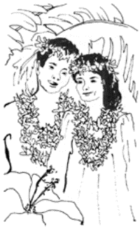 Drawing of a young man and a young woman wearing leis and hakus.
