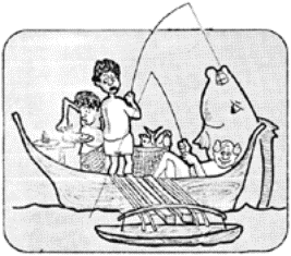 Drawing of people fishin in a canoe.