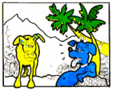 Drawing of a tired horse coming across a hot and tired dog.