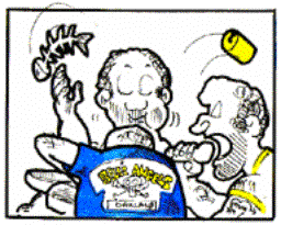 Drawing of men eating messily.