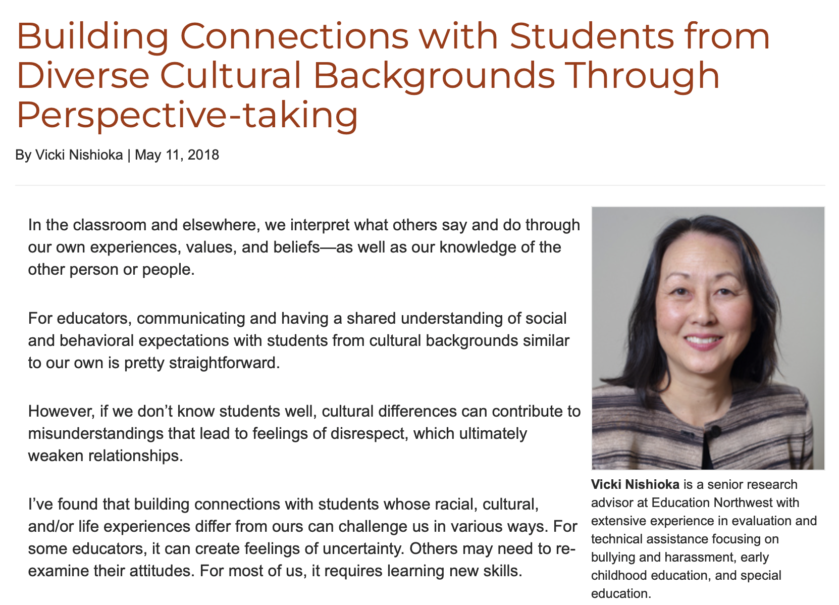 Building Connections with Students from Diverse Cultural Backgrounds Through Perspective-taking