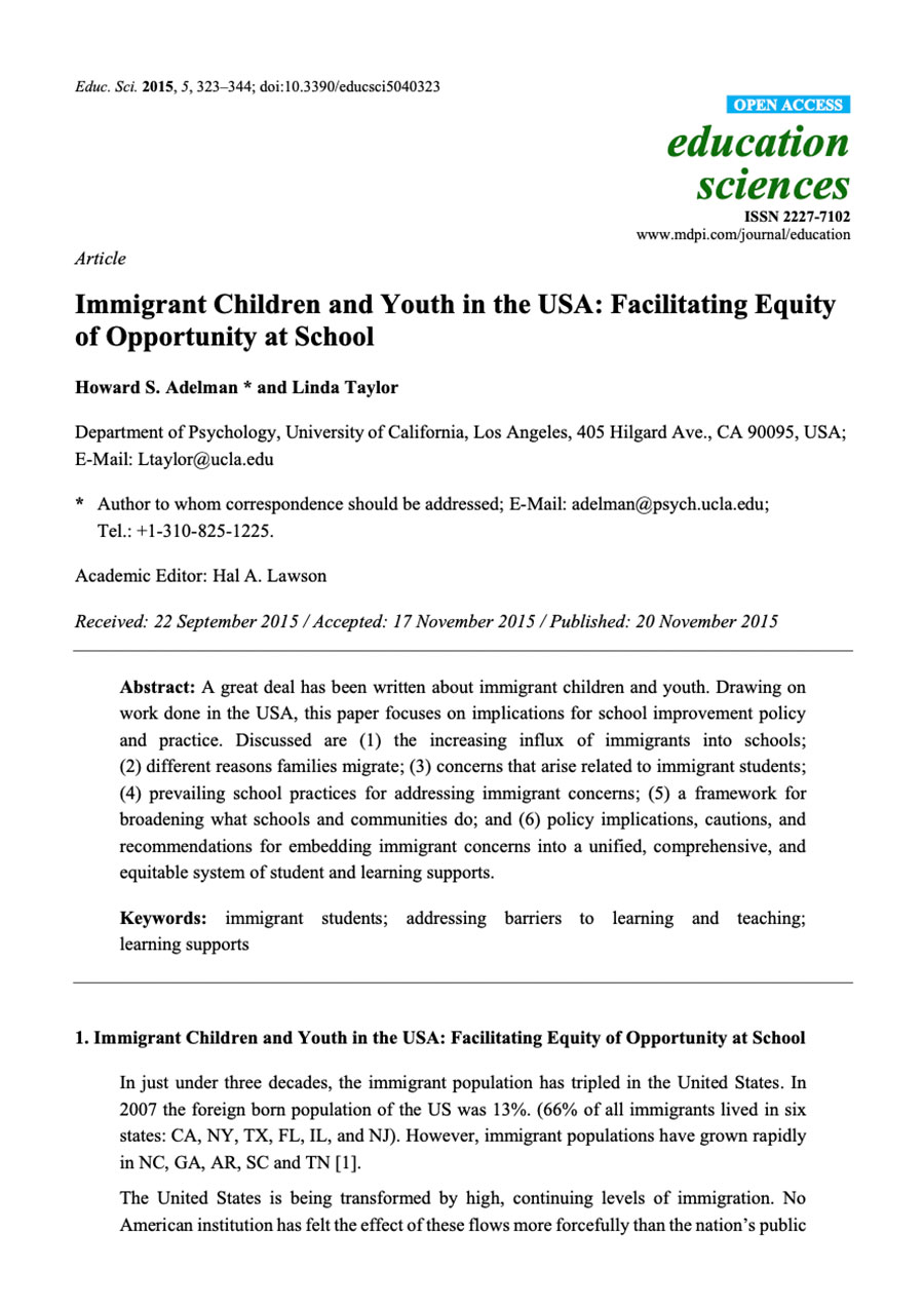 Immigrant Children and Youth in the USA: Facilitating Equity of Opportunity at School