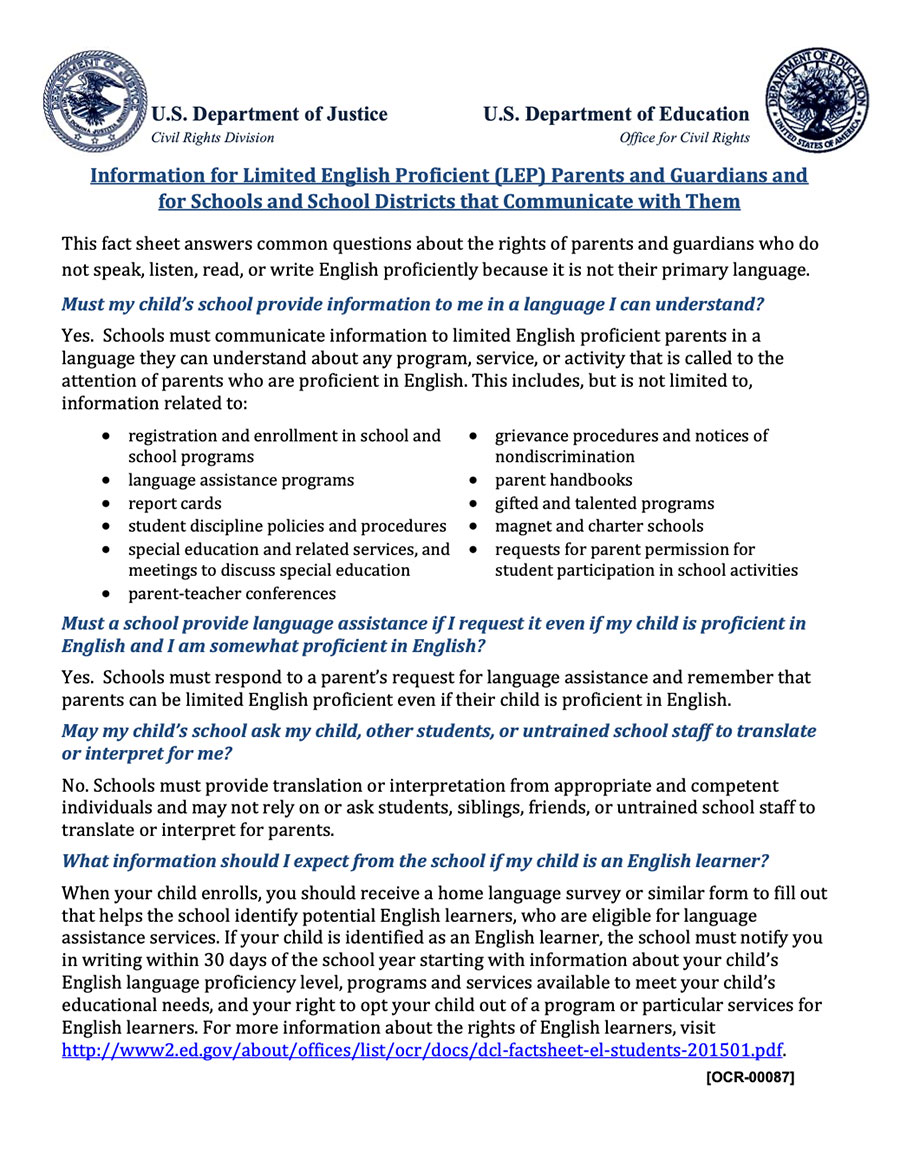 Information for Limited English Proficient (LEP) Parents and Guardians and for Schools and School Districts that Communicate with Them