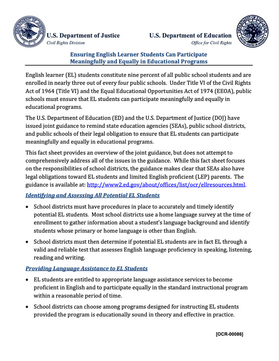 Schools’ Civil Rights Obligations to English Learner Students and Limited English Proficient Parents